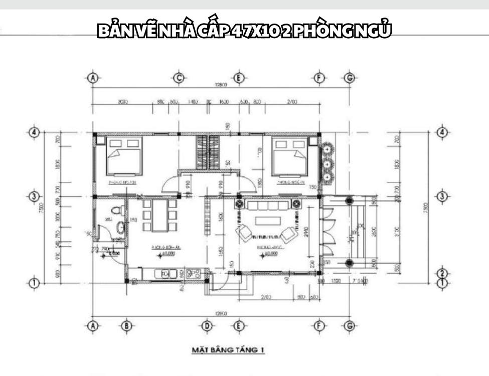 Bản vẽ nhà cấp 4 7x10 2 phòng ngủ