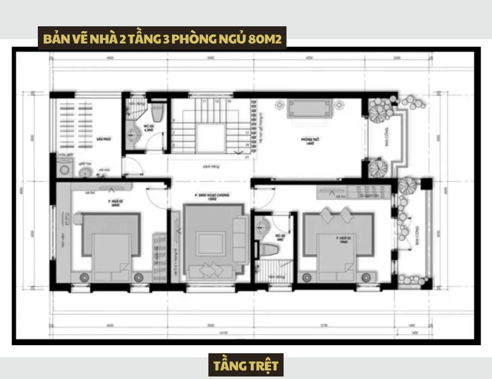 Bản vẽ nhà 2 tầng 3 phòng ngủ 80m2 tầng 2