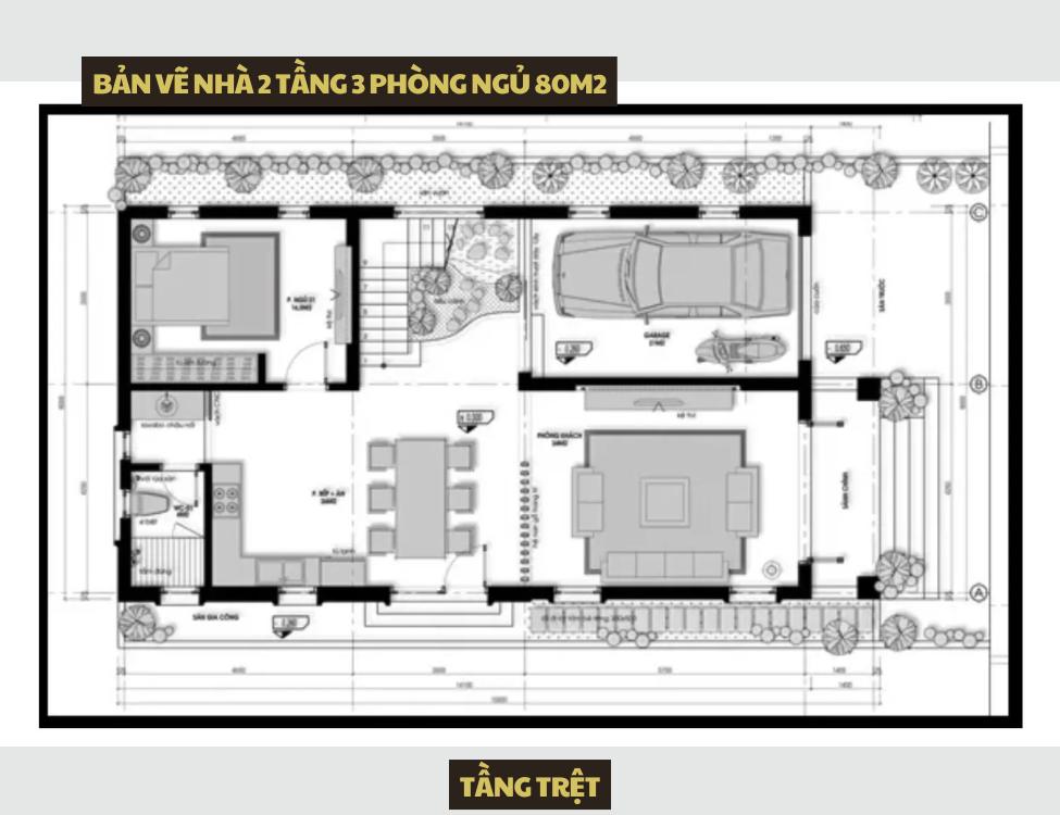 Bản vẽ nhà 2 tầng 3 phòng ngủ 80m2 tầng trệt