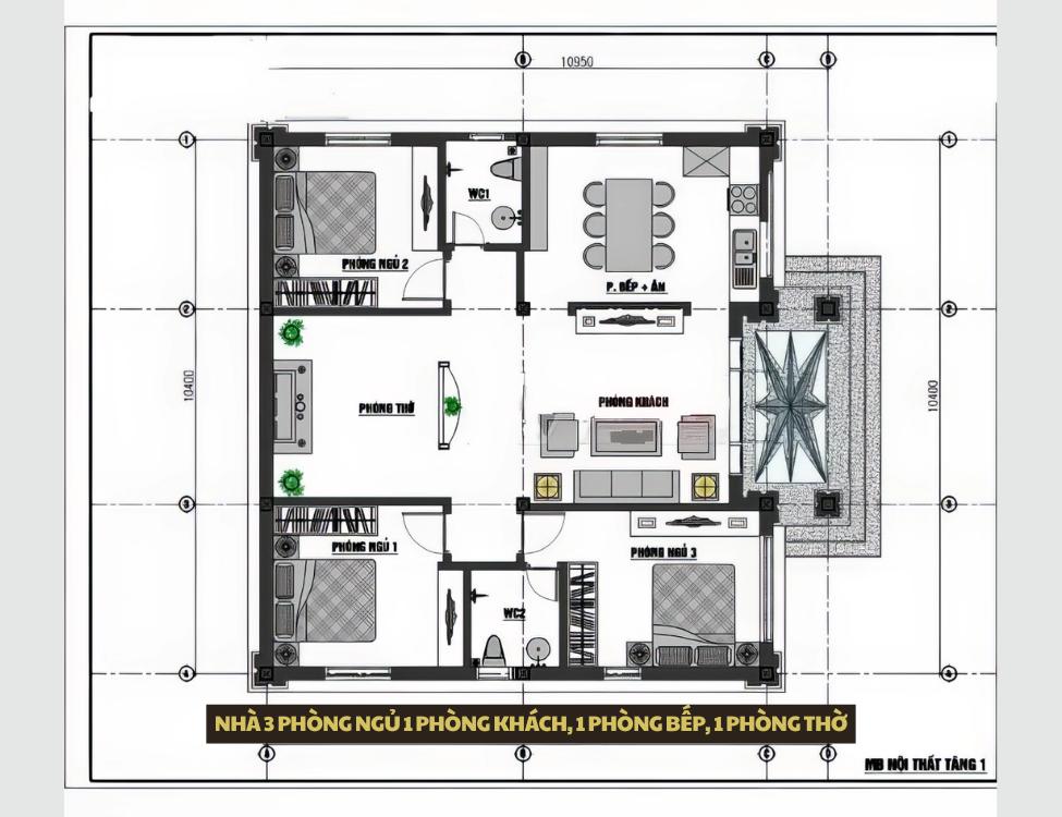 thiết kế nhà 3 phòng ngủ 1 phòng khách, 1 phòng bếp