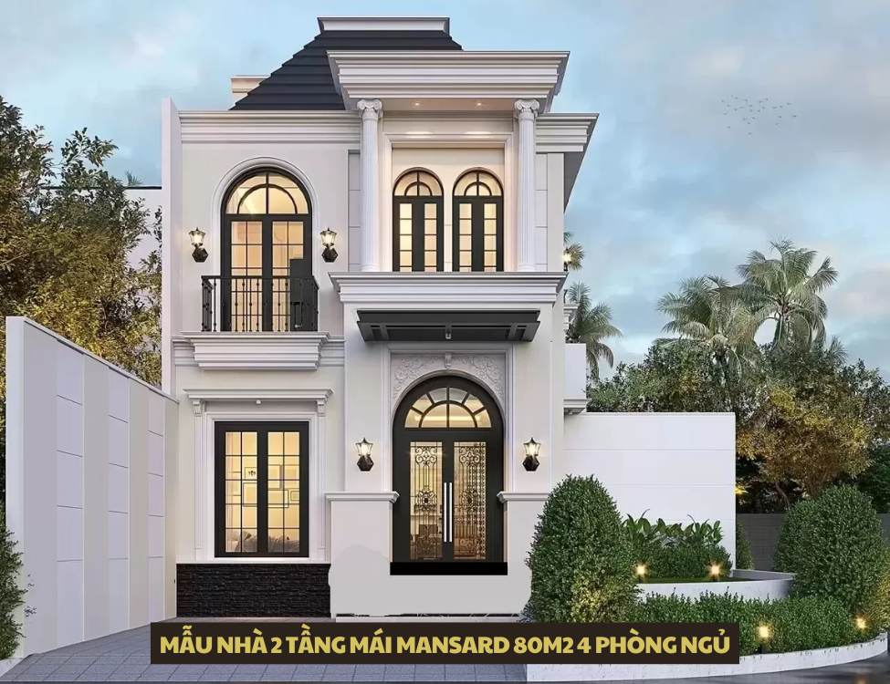 Mẫu nhà 2 tầng mái Mansard 80m2 4 phòng ngủ