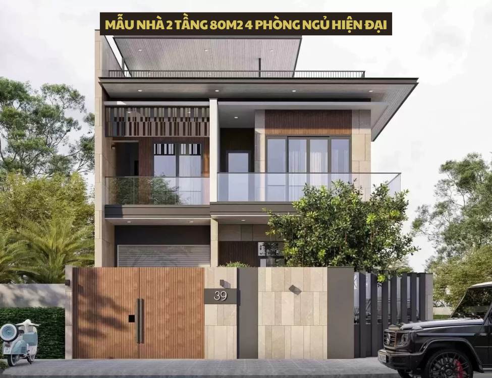 Mẫu nhà 2 tầng 80m2 4 phòng ngủ hiện đại