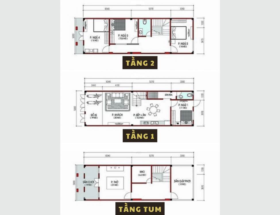 công năng cho mẫu nhà 5x13m 2 tầng 1 tum