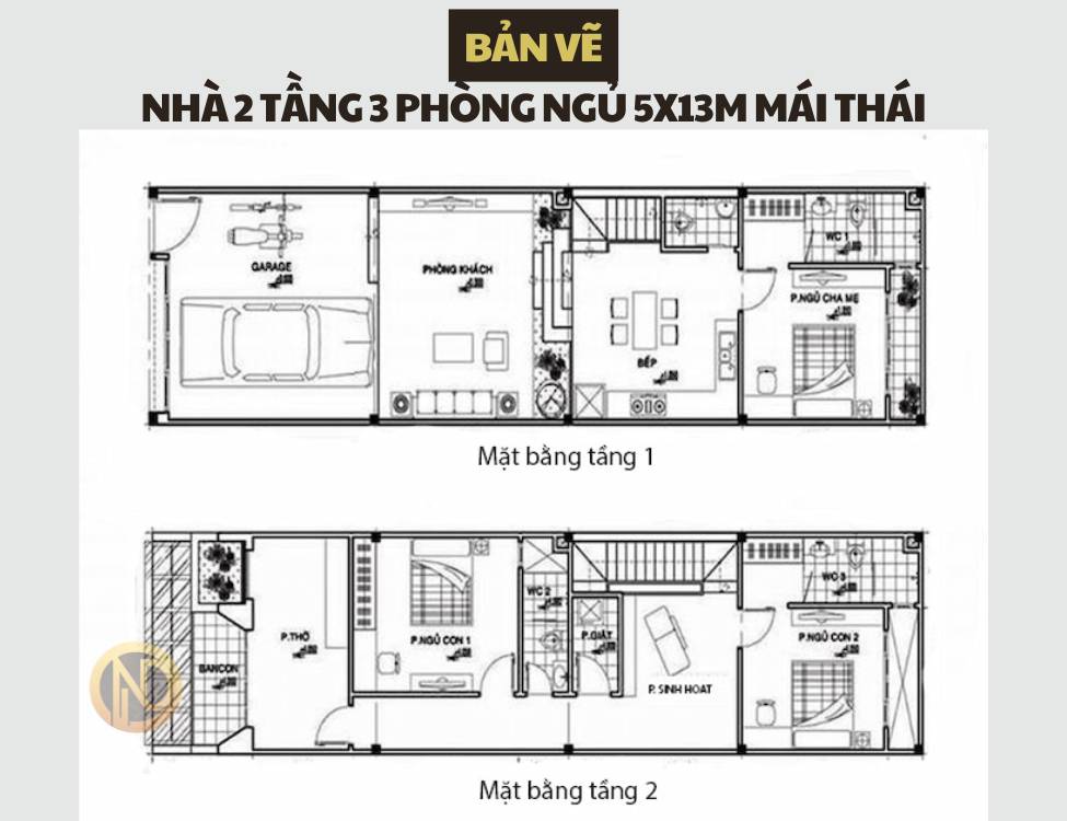 Mẫu nhà 2 tầng 3 phòng ngủ 5x13 mái Thái với thiết kế hiện đại và tinh tế