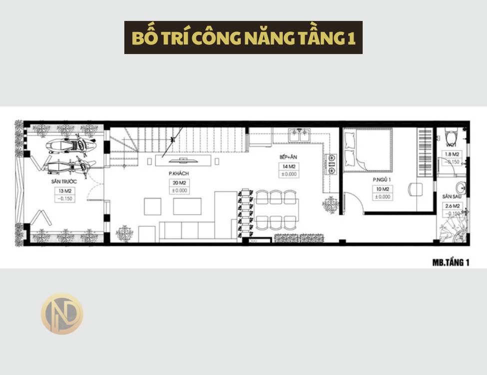 Bản vẽ công năng nhà 2 tầng 3 phòng ngủ 5x13m