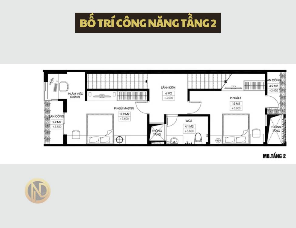 Bản vẽ công năng nhà 2 tầng 3 phòng ngủ 5x13m