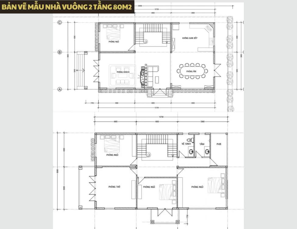 Bản vẽ mẫu nhà vuông 2 tầng 80m2