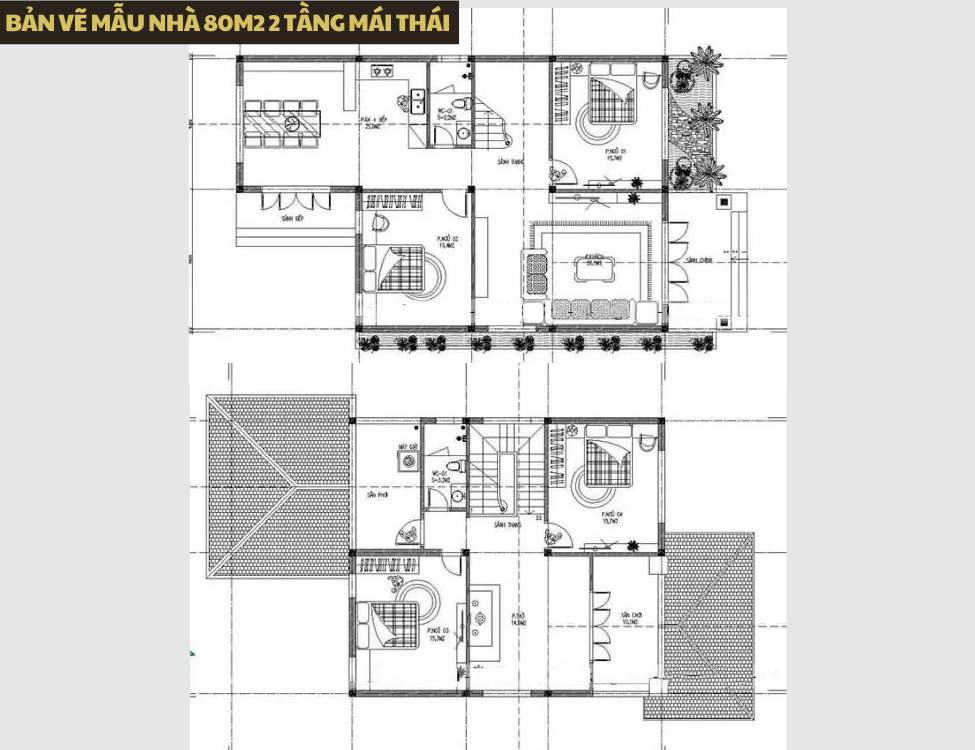 Bản vẽ mẫu nhà 80m2 2 tầng mái thái hiện đại