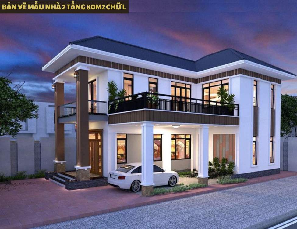 Bản vẽ mẫu nhà 2 tầng 80m2 chữ L