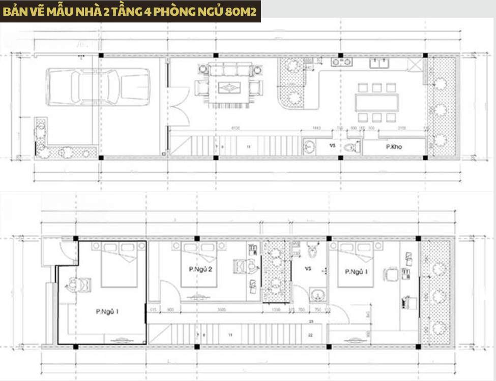 Bản vẽ mẫu nhà 2 tầng 4 phòng ngủ 80m2