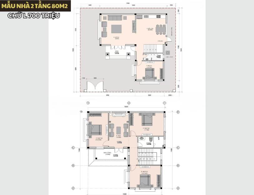 Mẫu nhà 2 tầng chữ L 80m2 giá rẻ 700 triệu