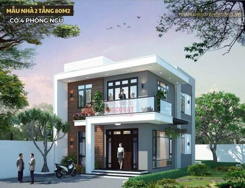 Mẫu nhà 2 tầng 80m2 có 4 phòng ngủ