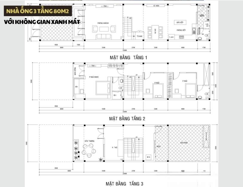 Nhà ống 3 tầng 80m2 với không gian xanh mát