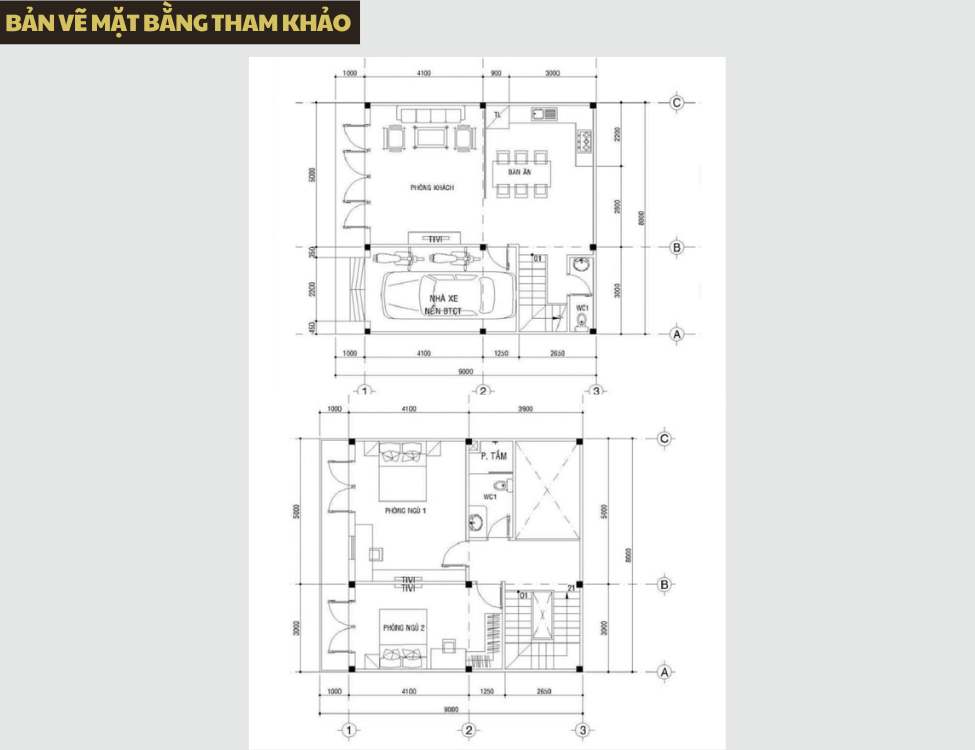Bản vẽ mặt bằng tham khảo cho nhà mặt tiền 8m sâu 9m 2 tầng