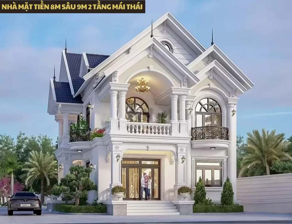Thiết kế nhà mặt tiền 8m sâu 9m 2 tầng mái Thái