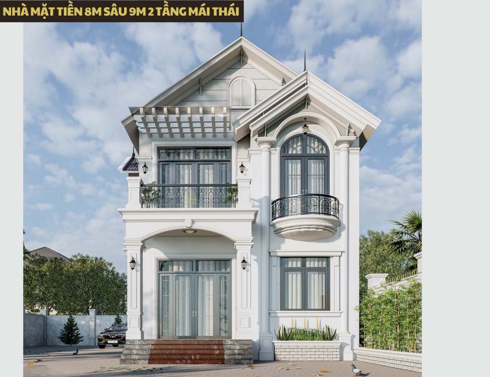 Thiết kế nhà mặt tiền 8m sâu 9m 2 tầng mái Thái