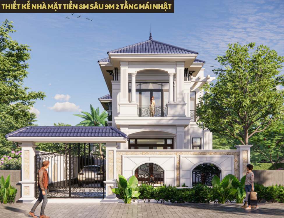 Thiết kế nhà mặt tiền 8m sâu 9m 2 tầng mái Nhật