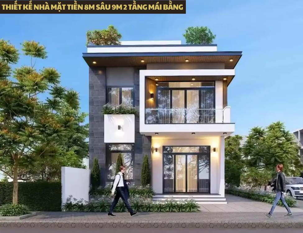 Thiết kế nhà mặt tiền 8m sâu 9m 2 tầng mái bằng
