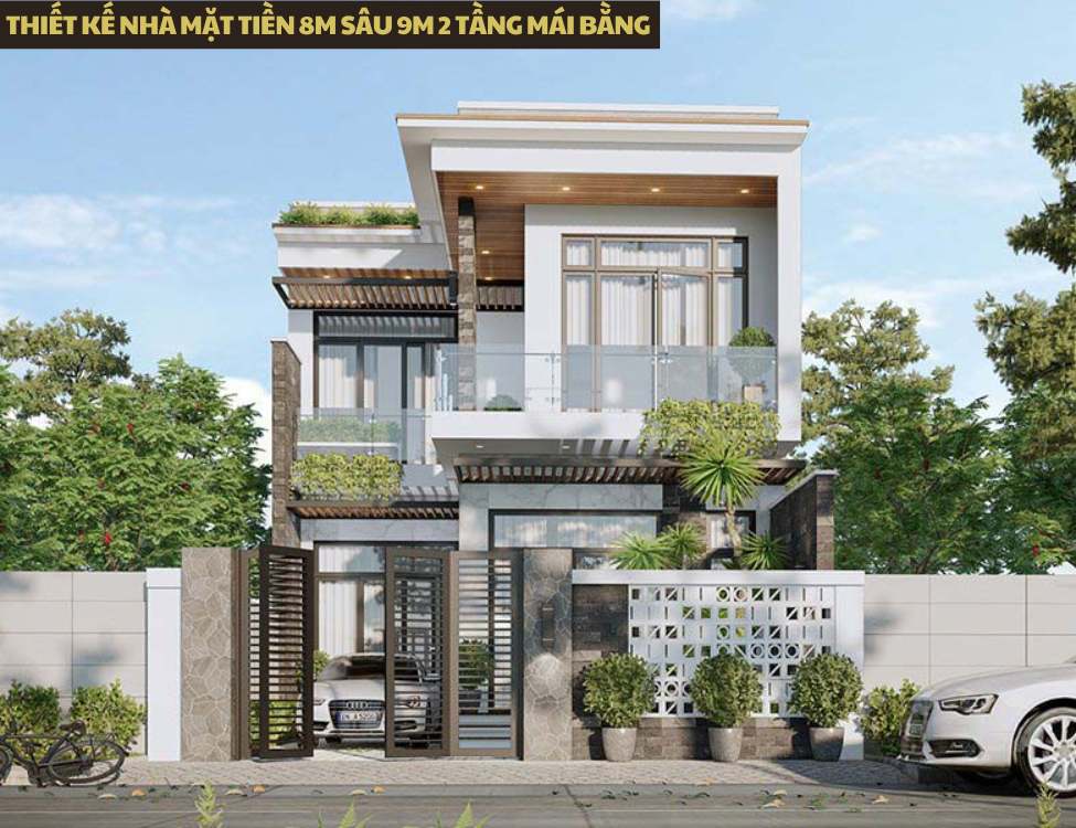 Thiết kế nhà mặt tiền 8m sâu 9m 2 tầng mái bằng