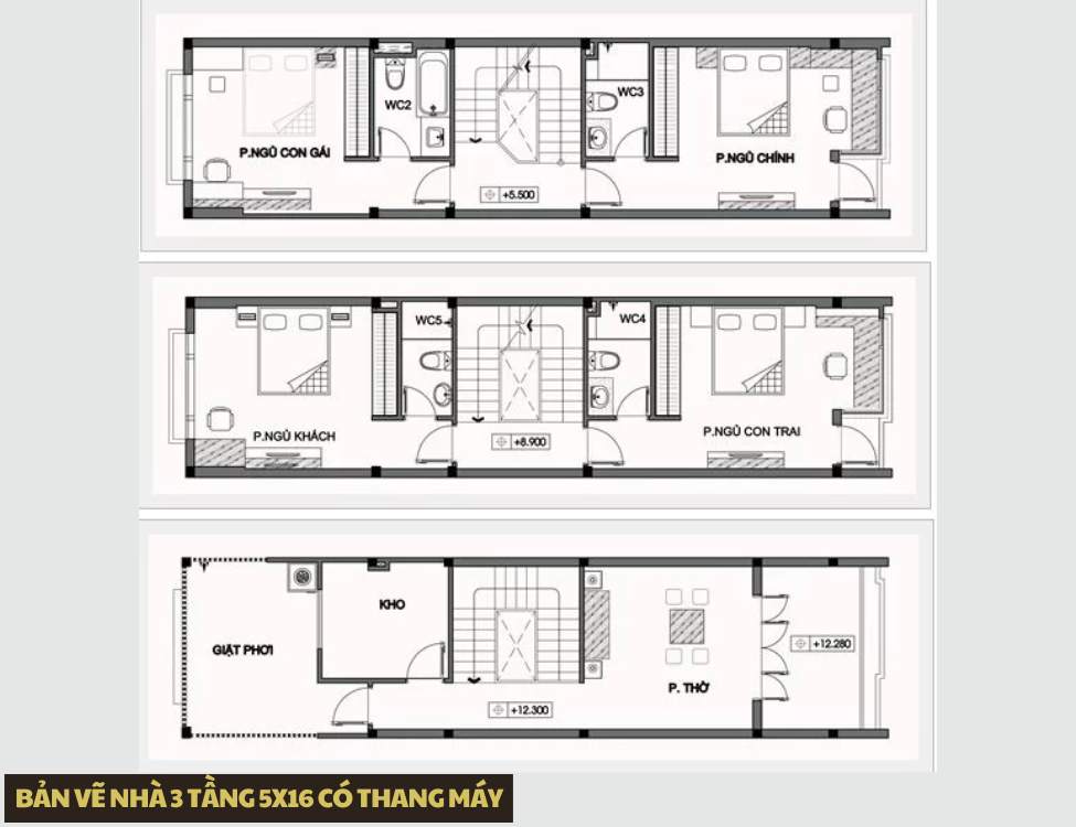 thiết kế nhà 5x16m có thang máy