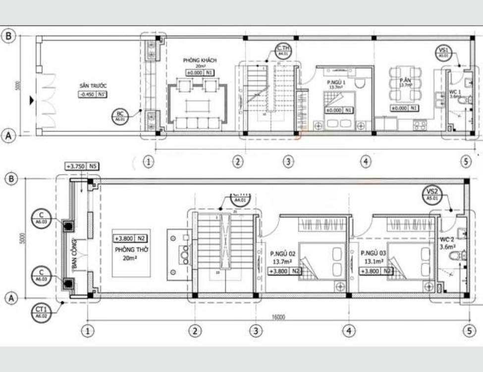 Bản vẽ Nhà 5x16m 2 Tầng
