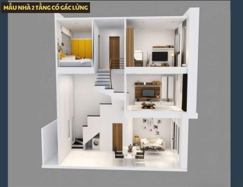 Mẫu nhà 2 tầng có gác lửng cho diện tích nhỏ
