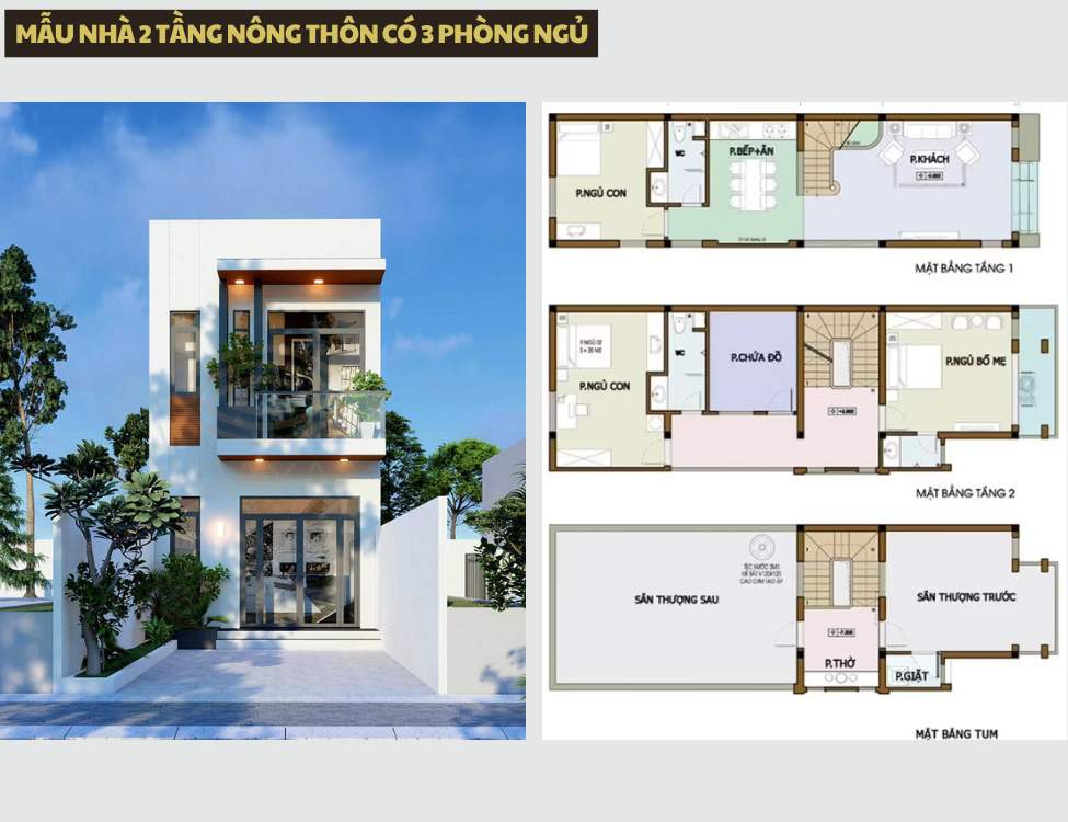 Mẫu nhà 2 tầng nông thôn có 3 phòng ngủ tiện nghi