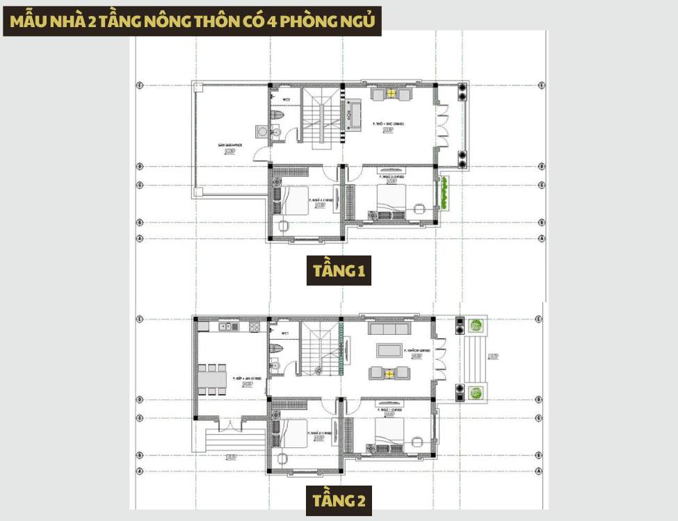Mẫu nhà 2 tầng nông thôn có 4 phòng ngủ hiện đại