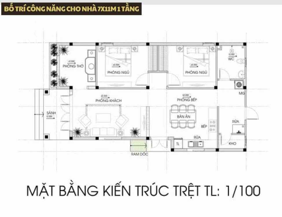 Bố trí công năng cho nhà 7x11m 1 tầng