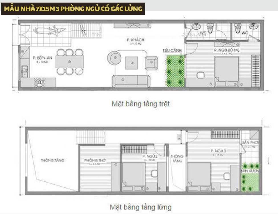Mẫu nhà 7x15m 3 phòng ngủ có gác lửng