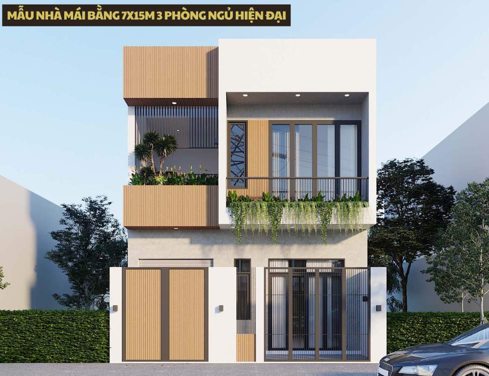 Mẫu nhà mái bằng 7x15m 3 phòng ngủ hiện đại