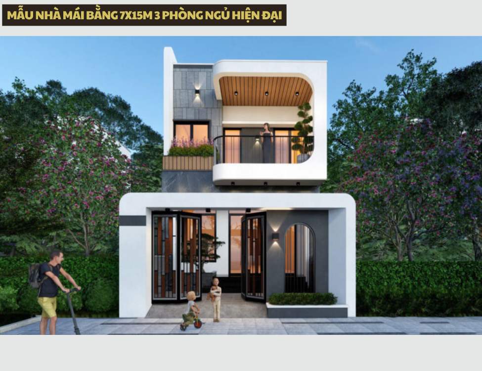 Mẫu nhà mái bằng 7x15m 3 phòng ngủ hiện đại