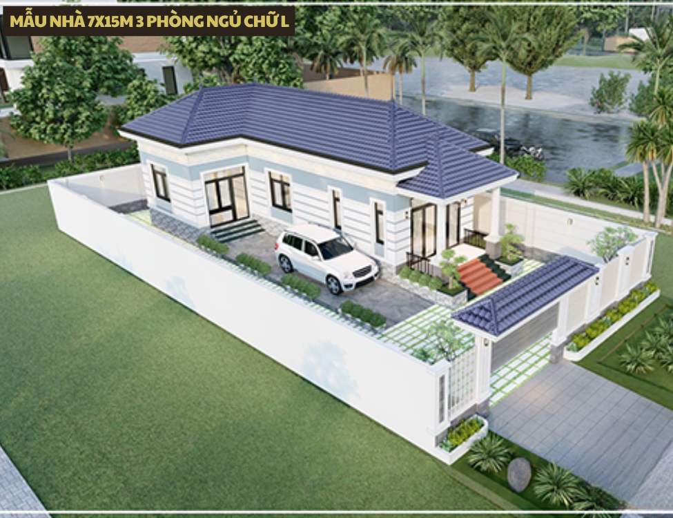 Mẫu nhà 7x15m 3 phòng ngủ chữ L với sân vườn