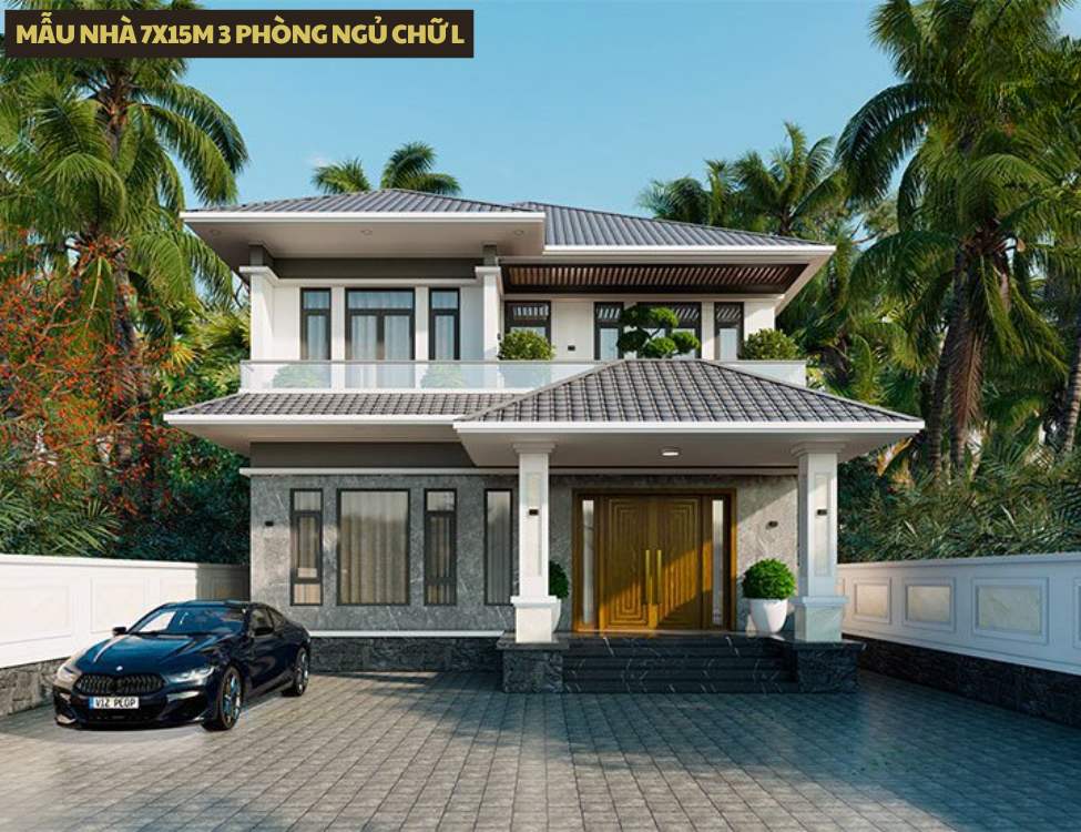 Mẫu nhà 7x15m 3 phòng ngủ chữ L với sân vườn