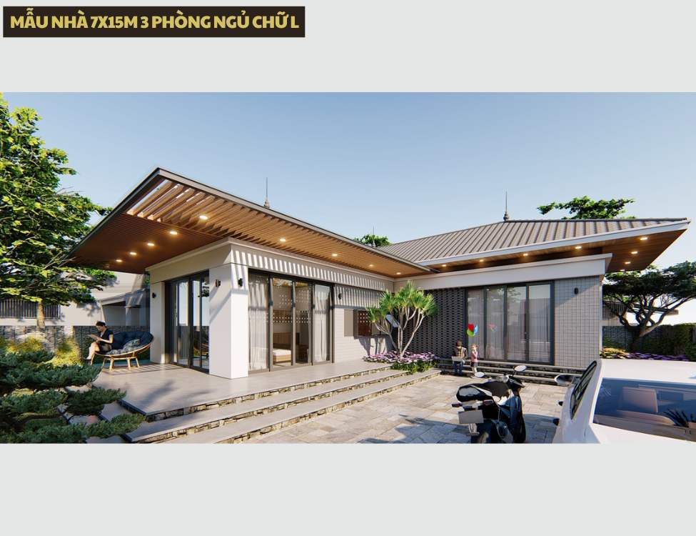 Mẫu nhà 7x15m 3 phòng ngủ chữ L với sân vườn