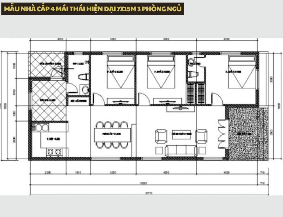 Mẫu nhà cấp 4 mái Thái hiện đại 7x15m 3 phòng ngủ