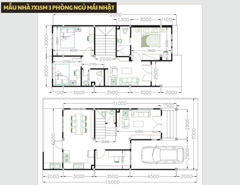Mẫu nhà 7x15m 3 phòng ngủ mái Nhật tinh tế