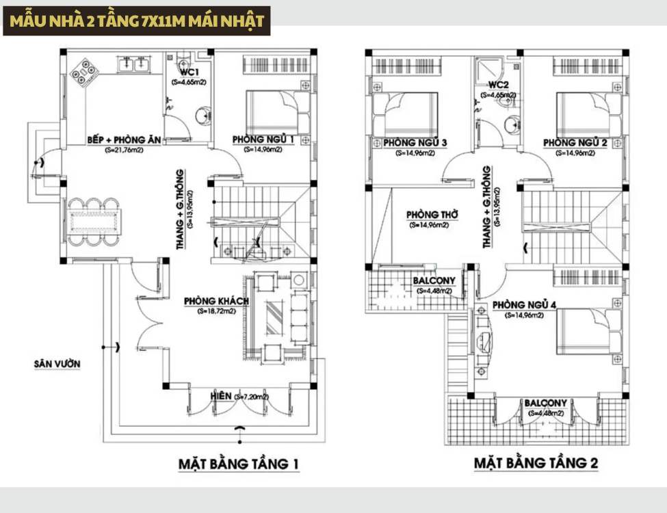 Mẫu Nhà 2 Tầng 7x11m Mái Nhật