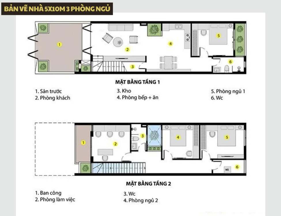 Bản vẽ nhà 5x10m 3 phòng ngủ