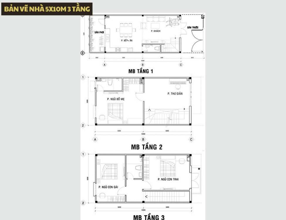 Bản vẽ nhà 5x10m 3 tầng dành cho gia đình đông người