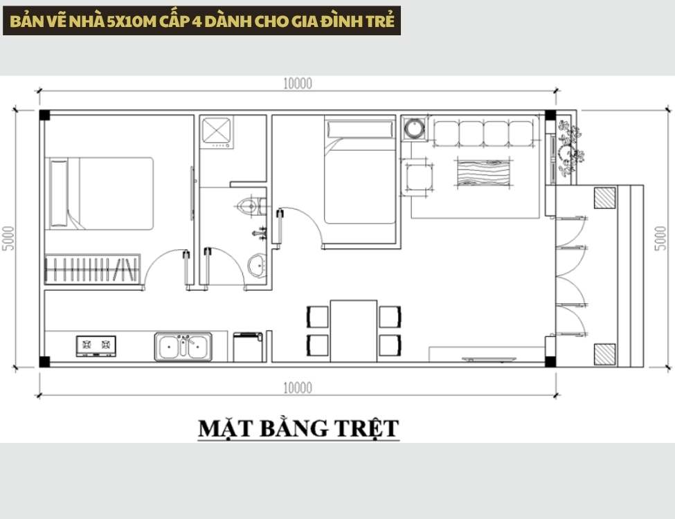 Mẫu bản vẽ nhà 5x10m cấp 4 dành cho gia đình trẻ tiết kiệm chi phí