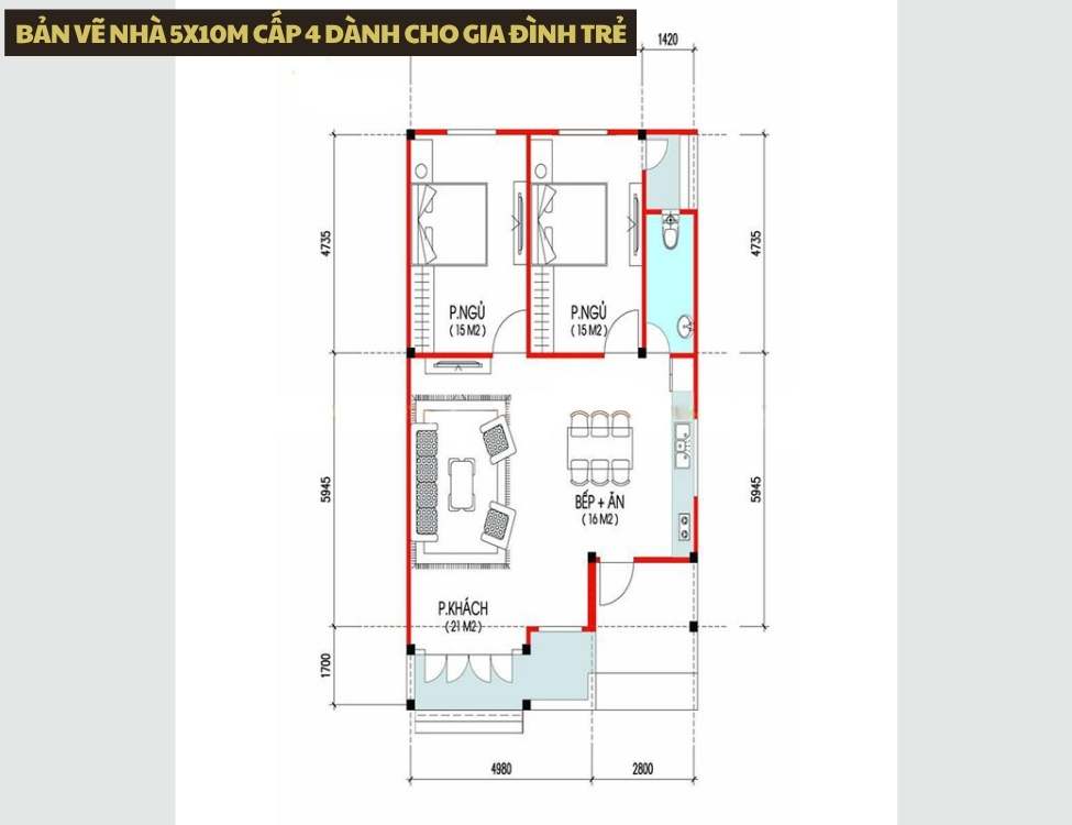 Mẫu bản vẽ nhà 5x10m cấp 4 dành cho gia đình trẻ tiết kiệm chi phí