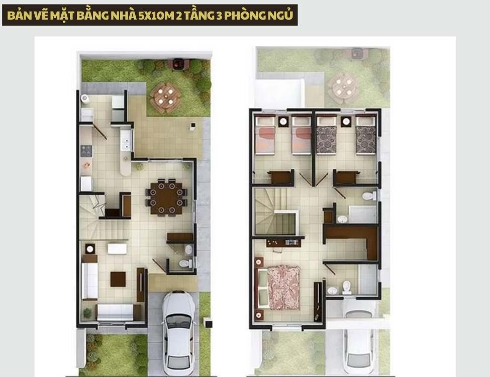 Bản vẽ mặt bằng nhà 5x10m 2 tầng 3 phòng
