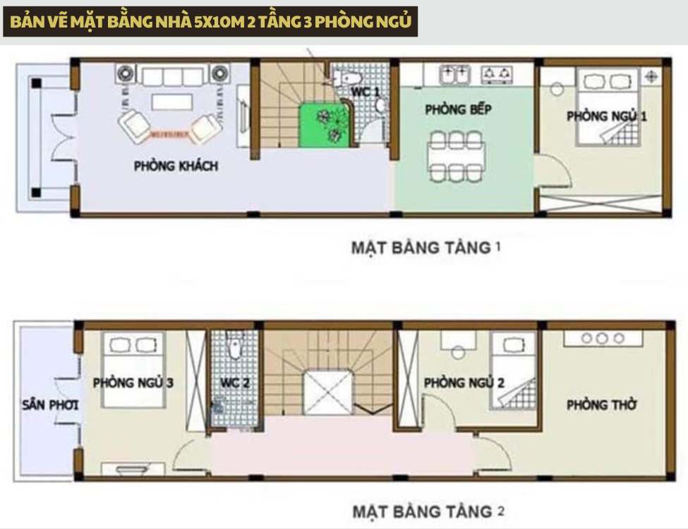 Bản vẽ mặt bằng nhà 5x10m 2 tầng 3 phòng
