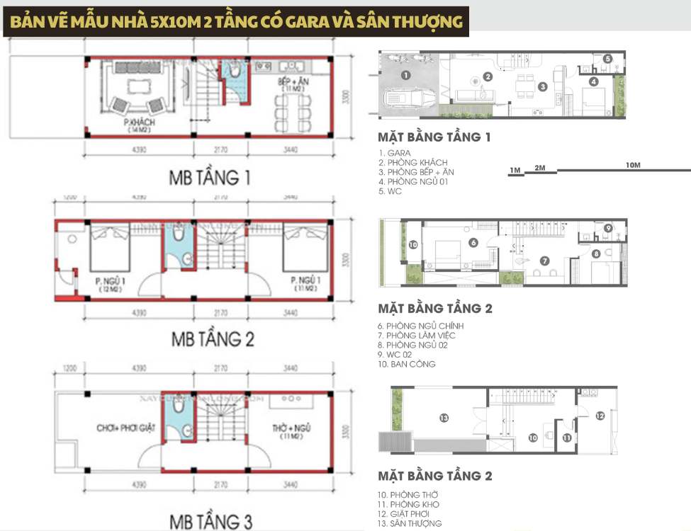 Bản vẽ mẫu nhà 5x10m 2 tầng có gara và sân thượng