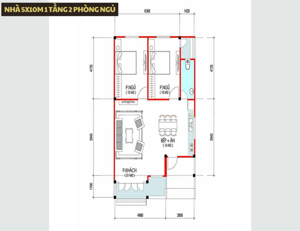 Thiết kế nhà 5x10m 1 tầng 2 phòng ngủ