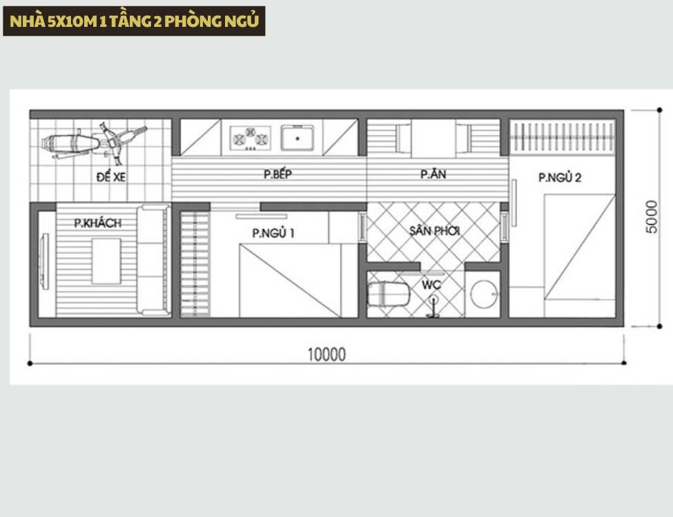 Thiết kế nhà 5x10m 1 tầng 2 phòng ngủ