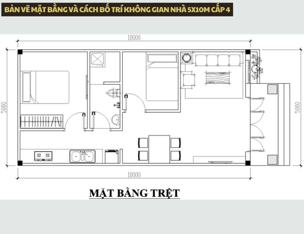 Bản vẽ mặt bằng và cách bố trí không gian nhà 5x10m cấp 4