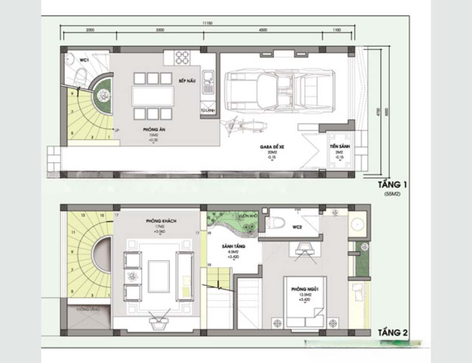 Bản vẽ nhà 3 tầng rộng 5 dài 10 có gác lửng