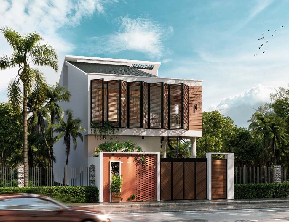 Mẫu có gara ô tô tầng trệt + gác lửng 3 phòng ngủ